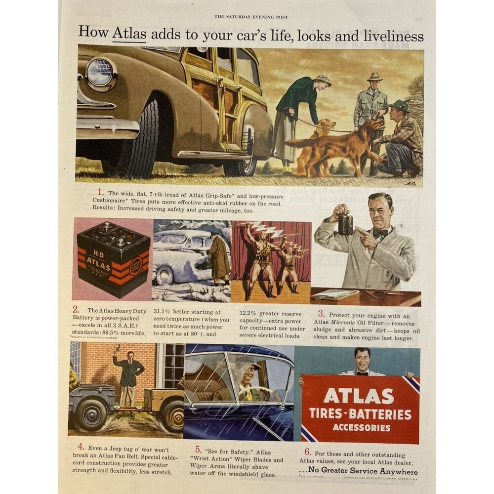 Atlas Tires & Batteries How Atlas Add's to Car Life" Golden Retrievers Ad 1949